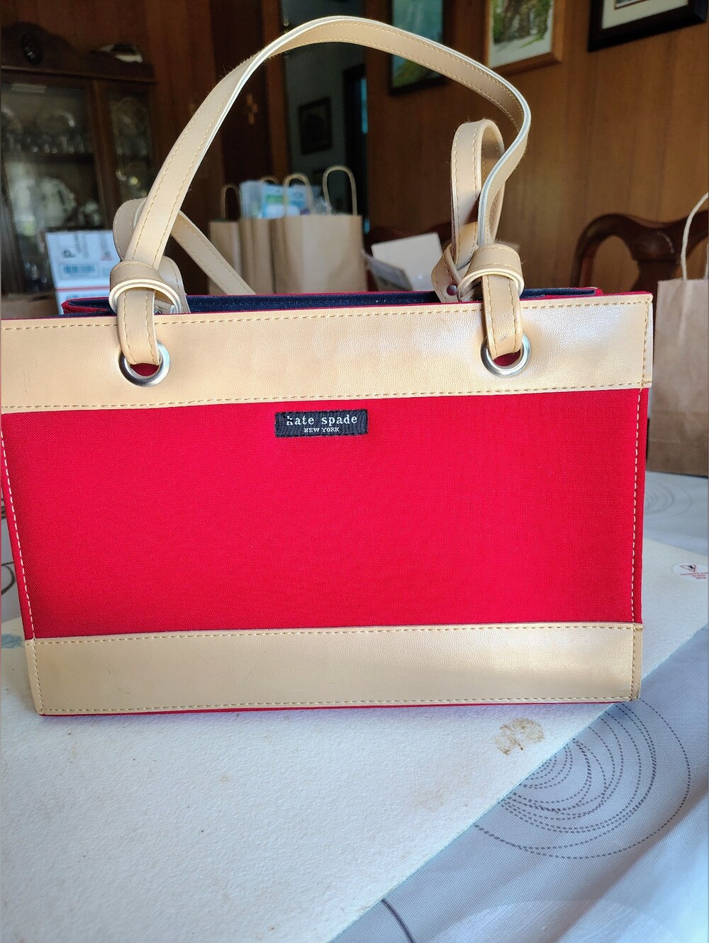Kate Spade NY Red Canvas Tote Beige Leather Trim Vintage Structured Handbag